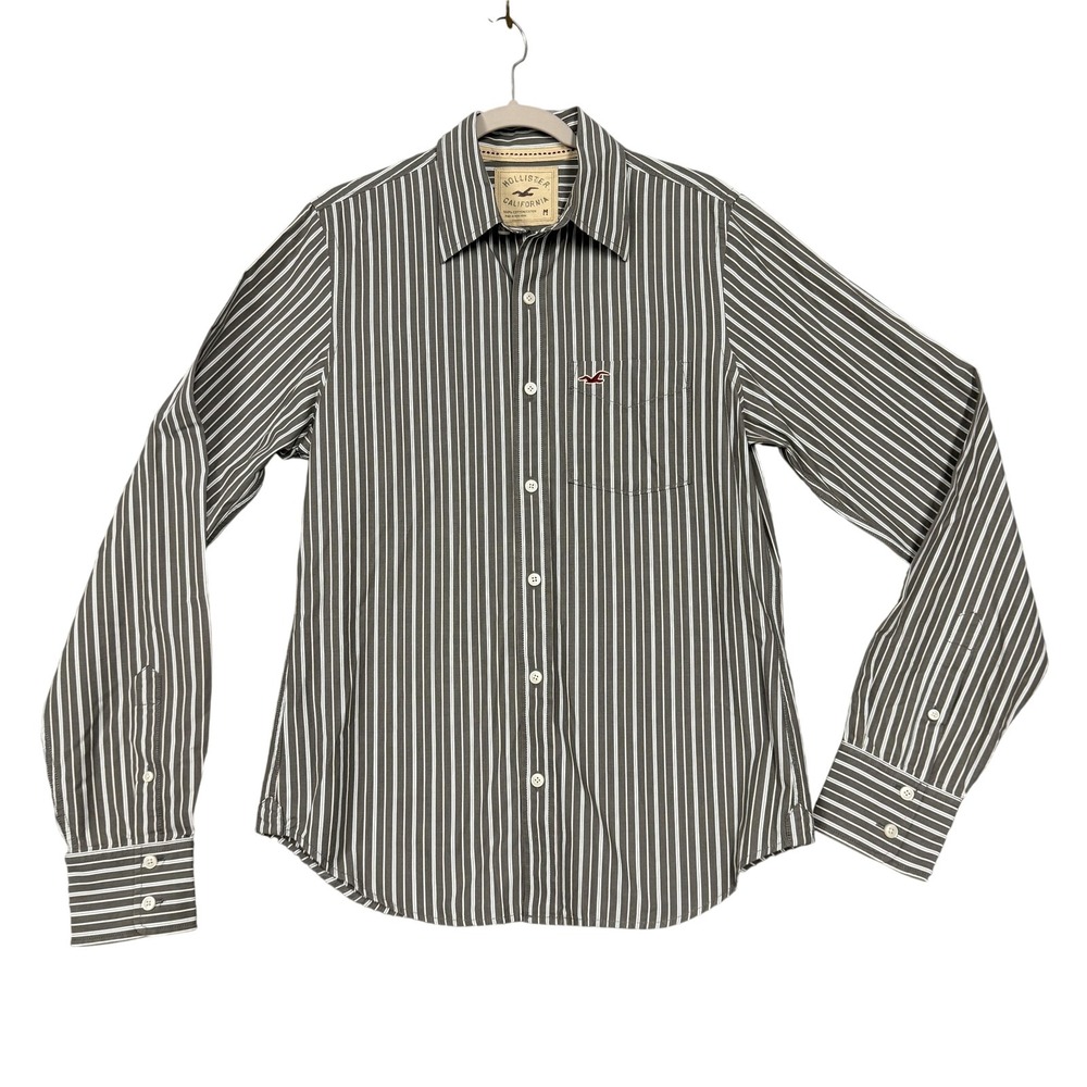 Hollister Shirt Mens Medium Gray Striped Long Sleeve Button Up Logo Casual